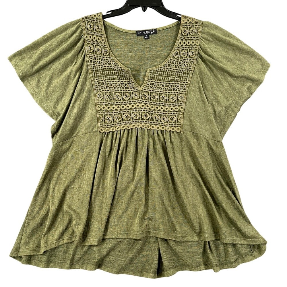 Living Doll Top Wom 1X Olive Green Crochet Lace Bib Flutter Sleeve Boho Casual